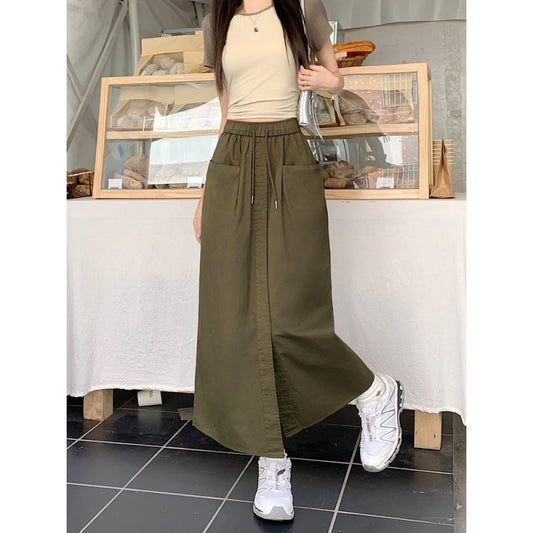 Korean Style Women's Washed Cotton Midi Skirt