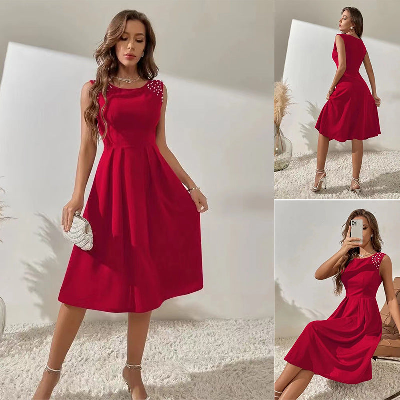 Slim Fit Round Neck Studded Sleeveless Dress for Women