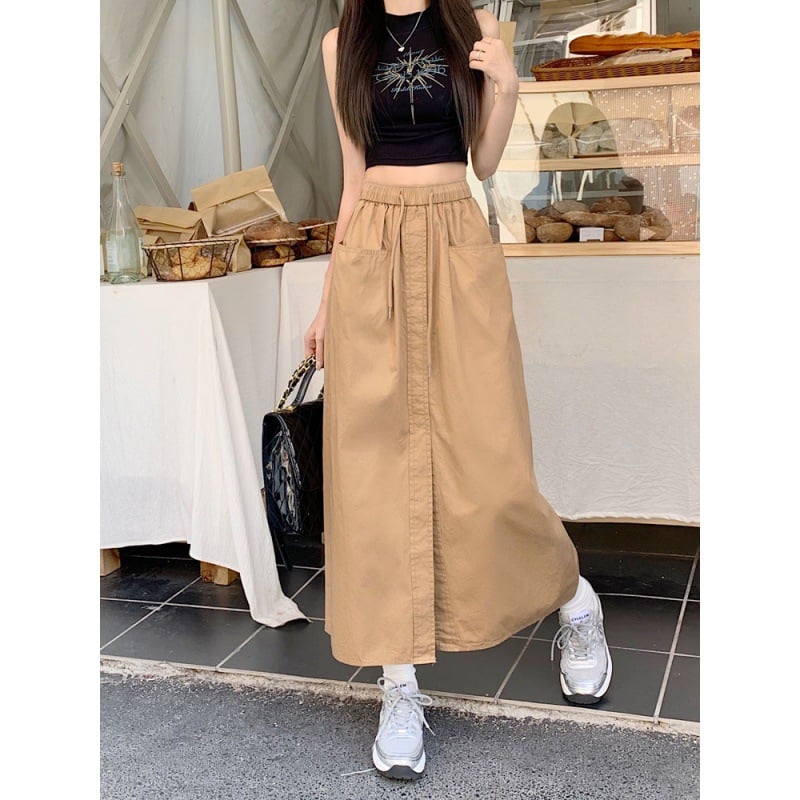 Korean Style Women's Washed Cotton Midi Skirt